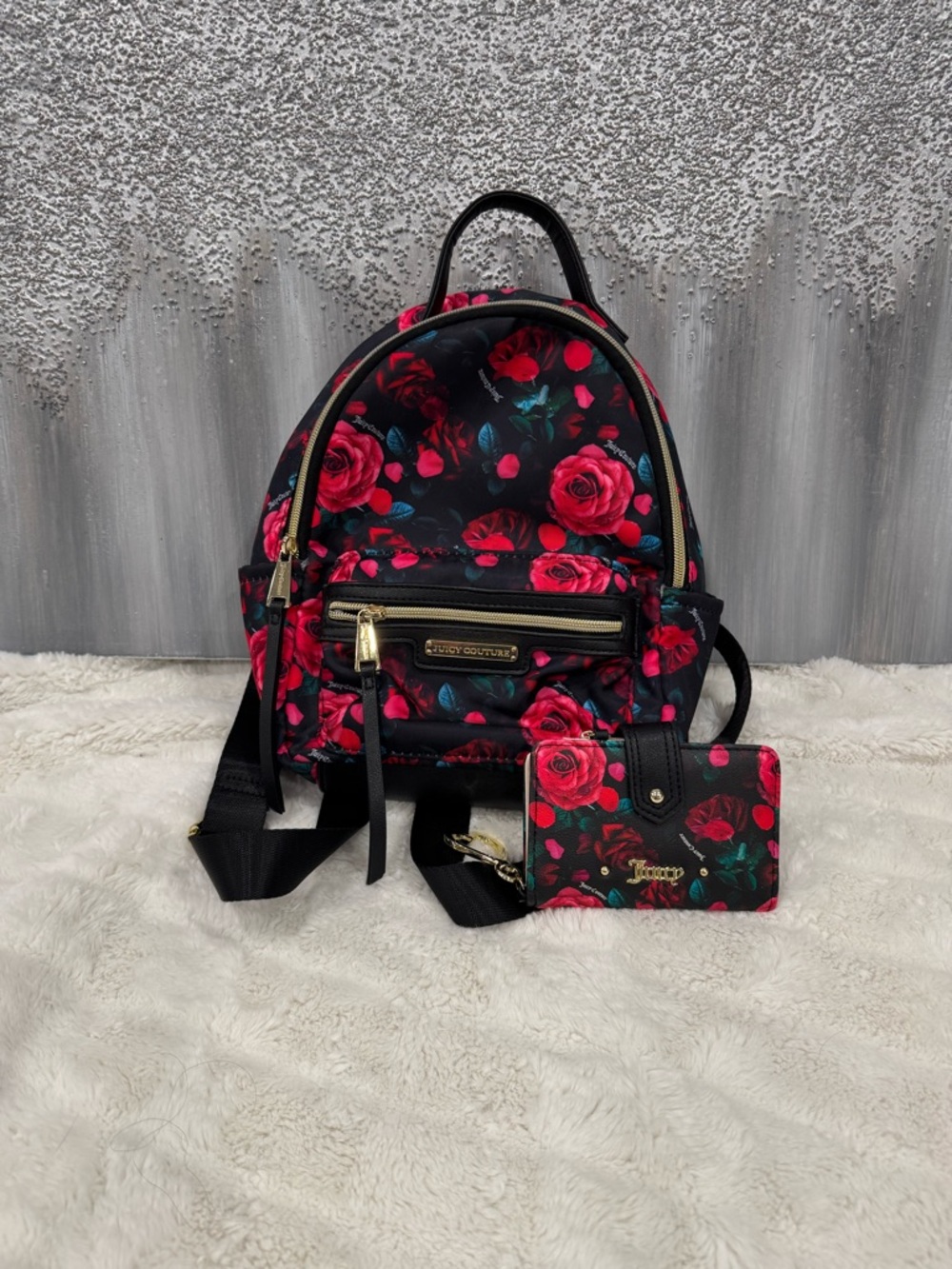 Juicy Couture Mini Backpack and Wallet in Floral Rose Print